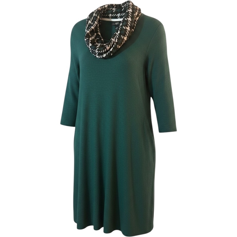 AGB Women's M Green Knit Sweater Dress‎ Scarf Set Cowl Neck A-Line 3/4 Sleeve